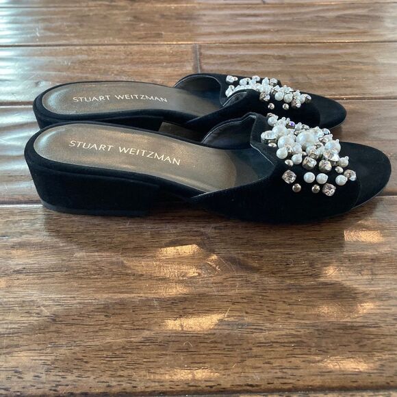 Stuart Weitzman Decorslide Women's Black Pearl Slide Sandals 6.5 M Block Heel - Picture 3 of 12